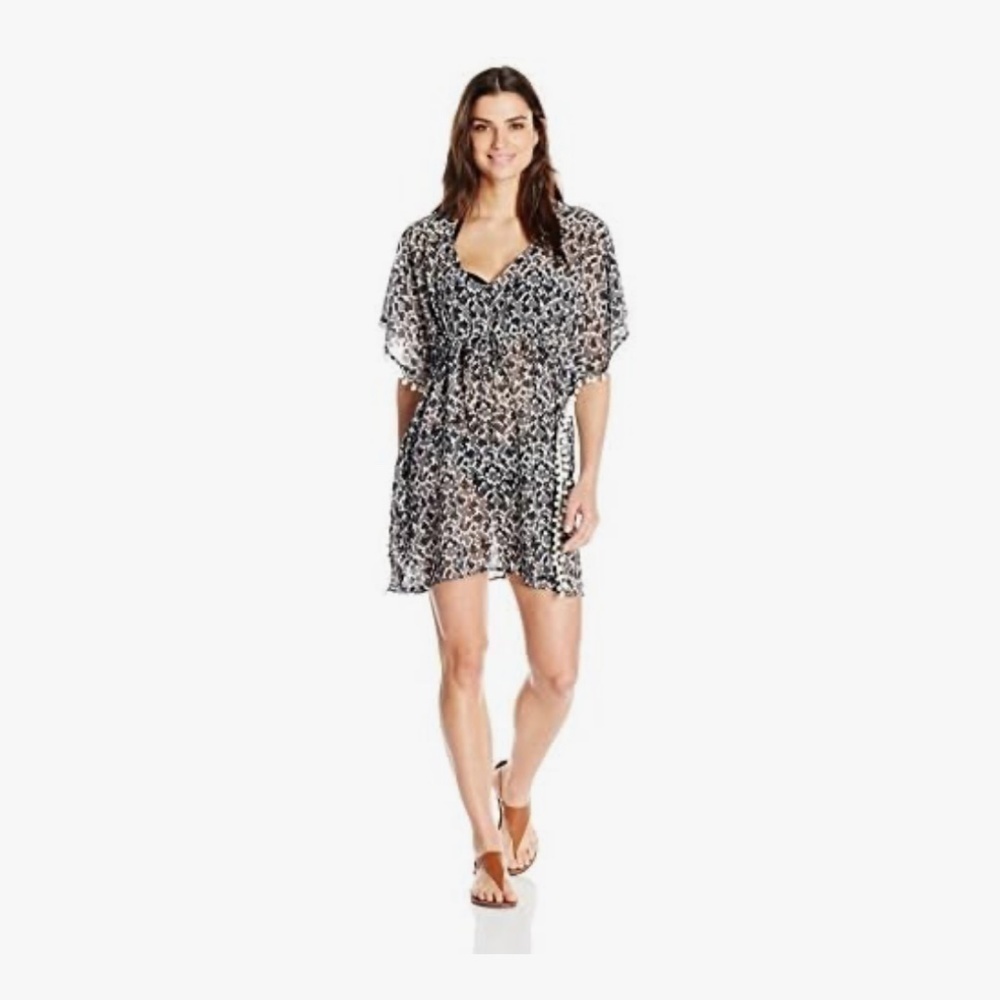 Coastal Blue Store Swimwear Kaftan Cover-Up with Pompom Trim - Size Large